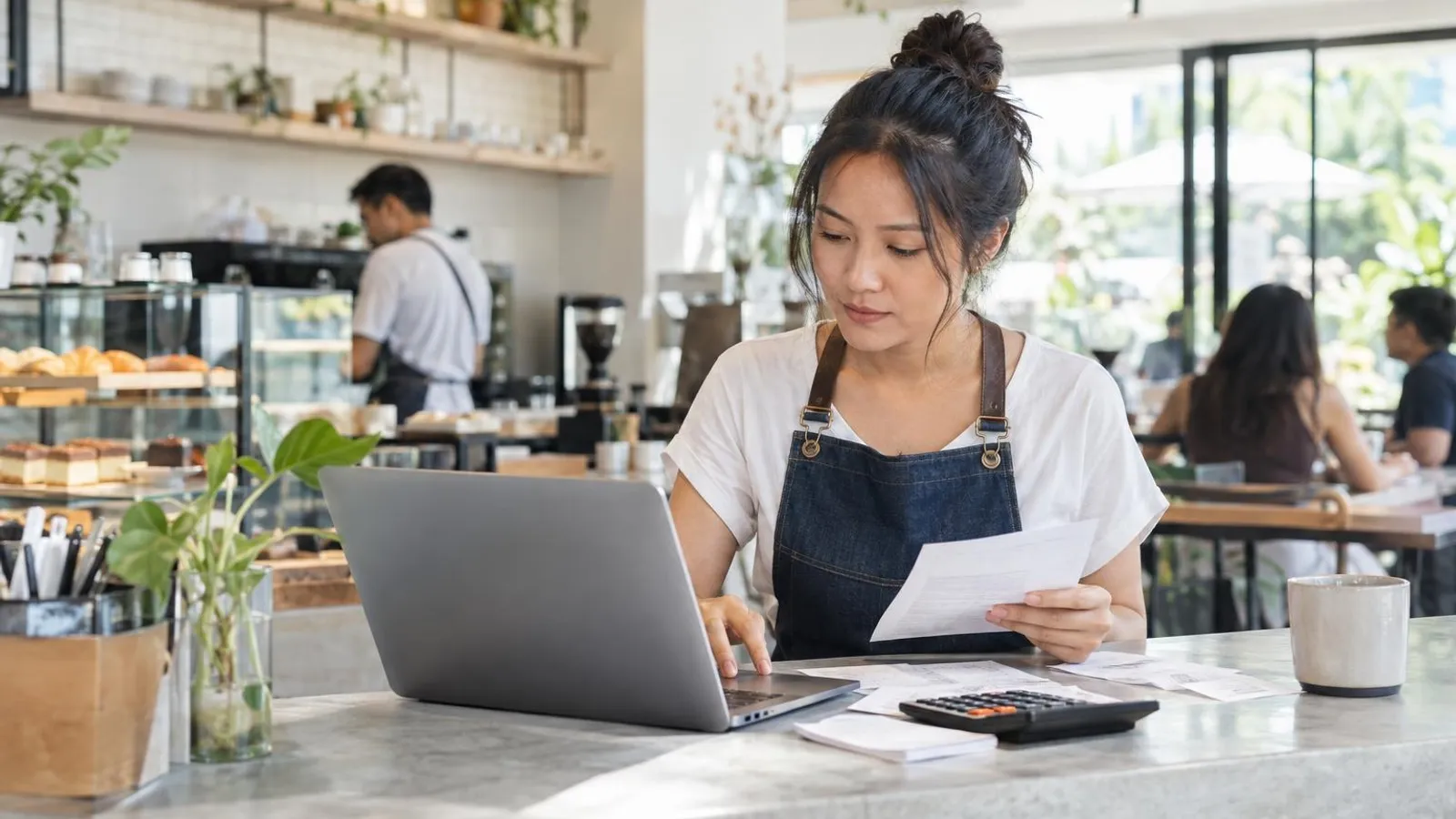 A small-business owner reviewing an invoice on a laptop beside a calculator and receipts at a bright cafe counter