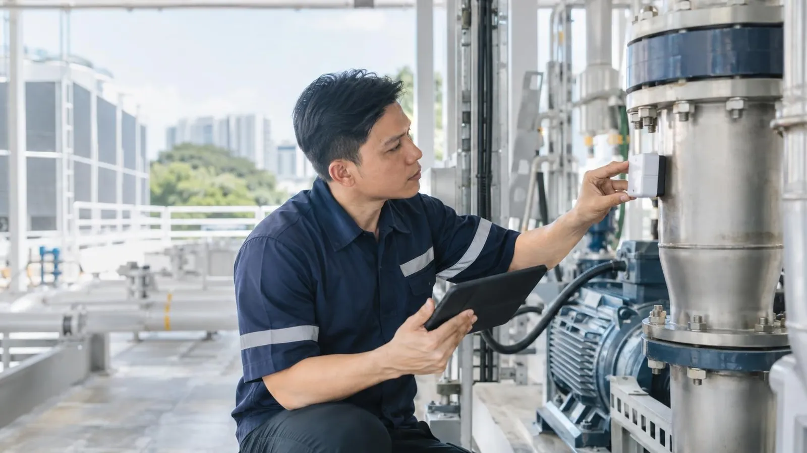 An engineer attaching a small wireless sensor to equipment in a bright modern facility while checking a tablet