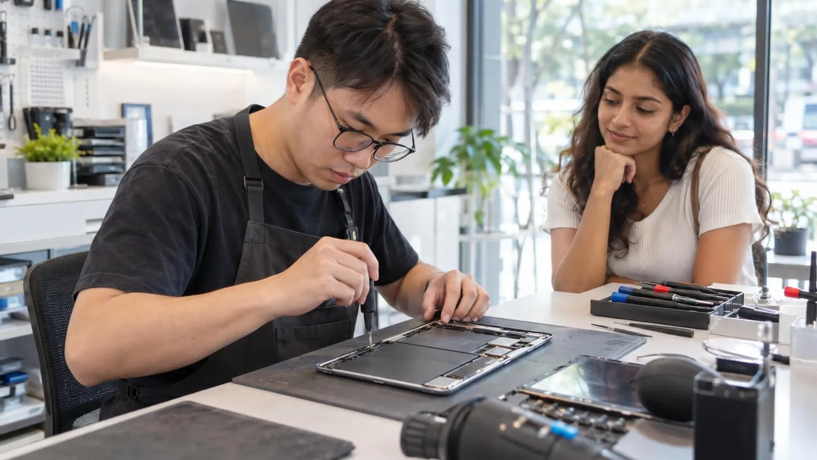 A technician repairing a tablet at a bright clean workbench while a customer waits nearby