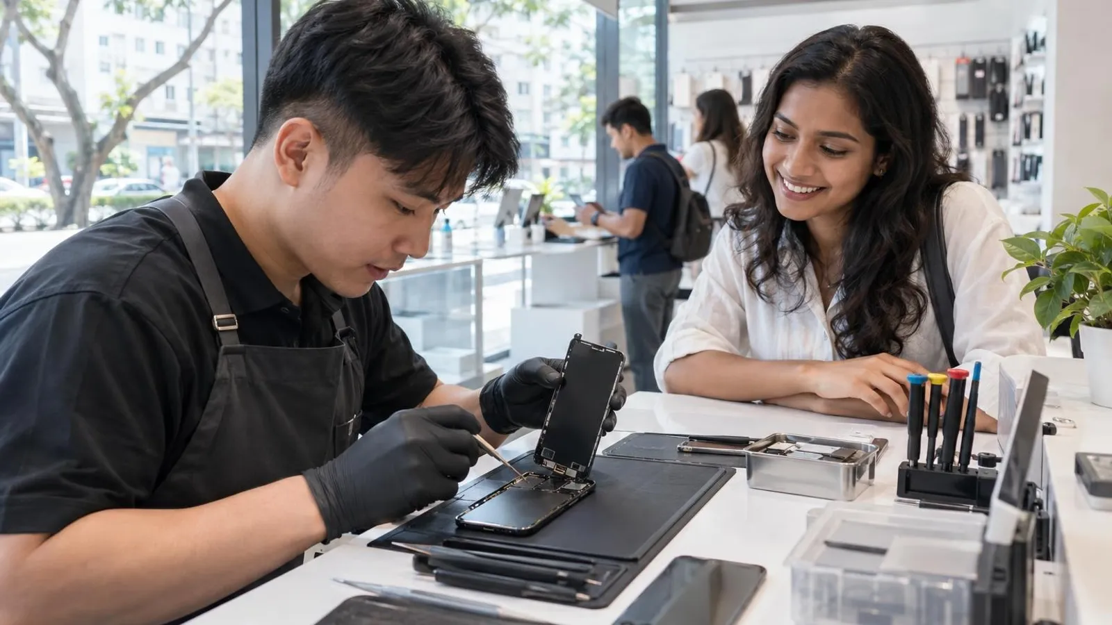 A technician replacing a smartphone screen at a bright repair counter while a smiling customer watches