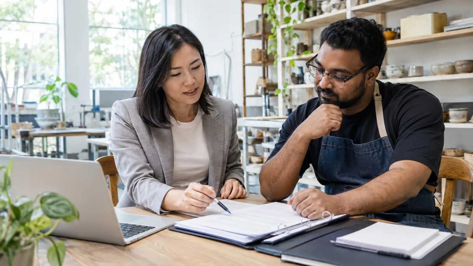 A consultant reviewing a quality-management checklist with a small-business owner at a bright office table