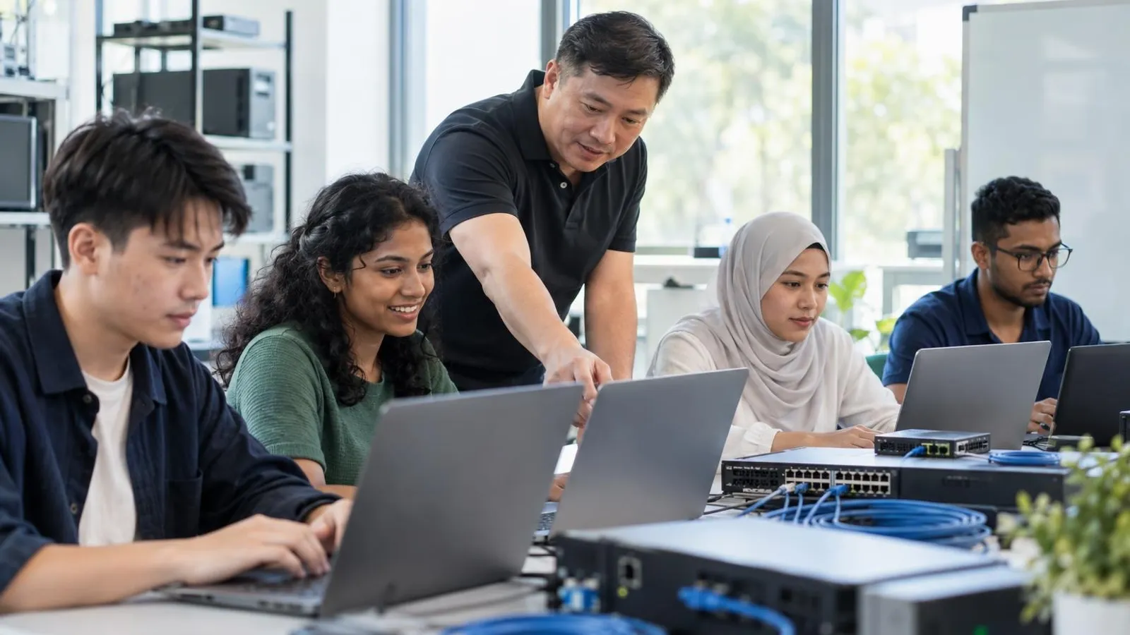 Adults in a bright modern training room with laptops and network equipment on the tables and an instructor guiding them