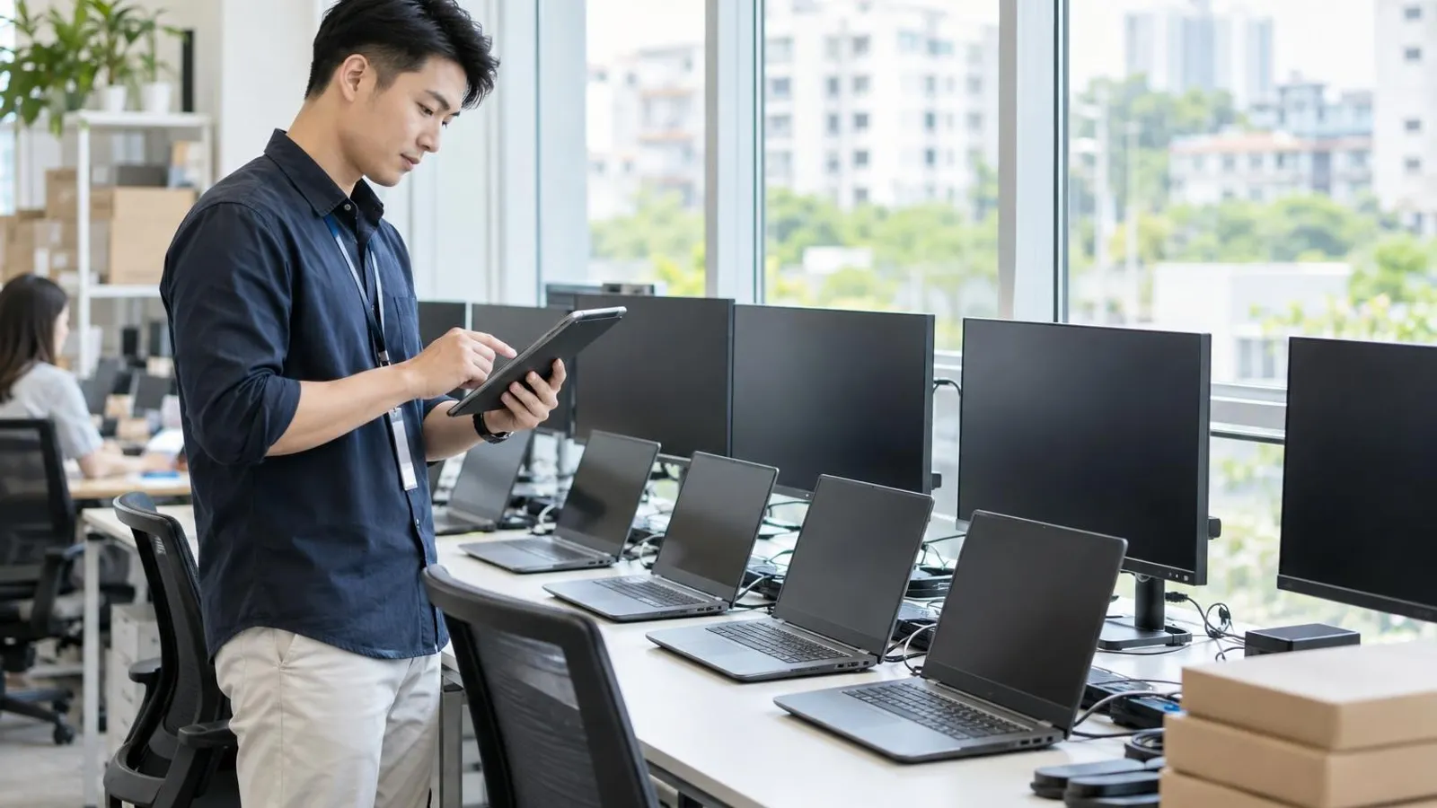 A tidy row of identical business laptops and monitors on a bright office desk while an IT coordinator checks them on a tablet