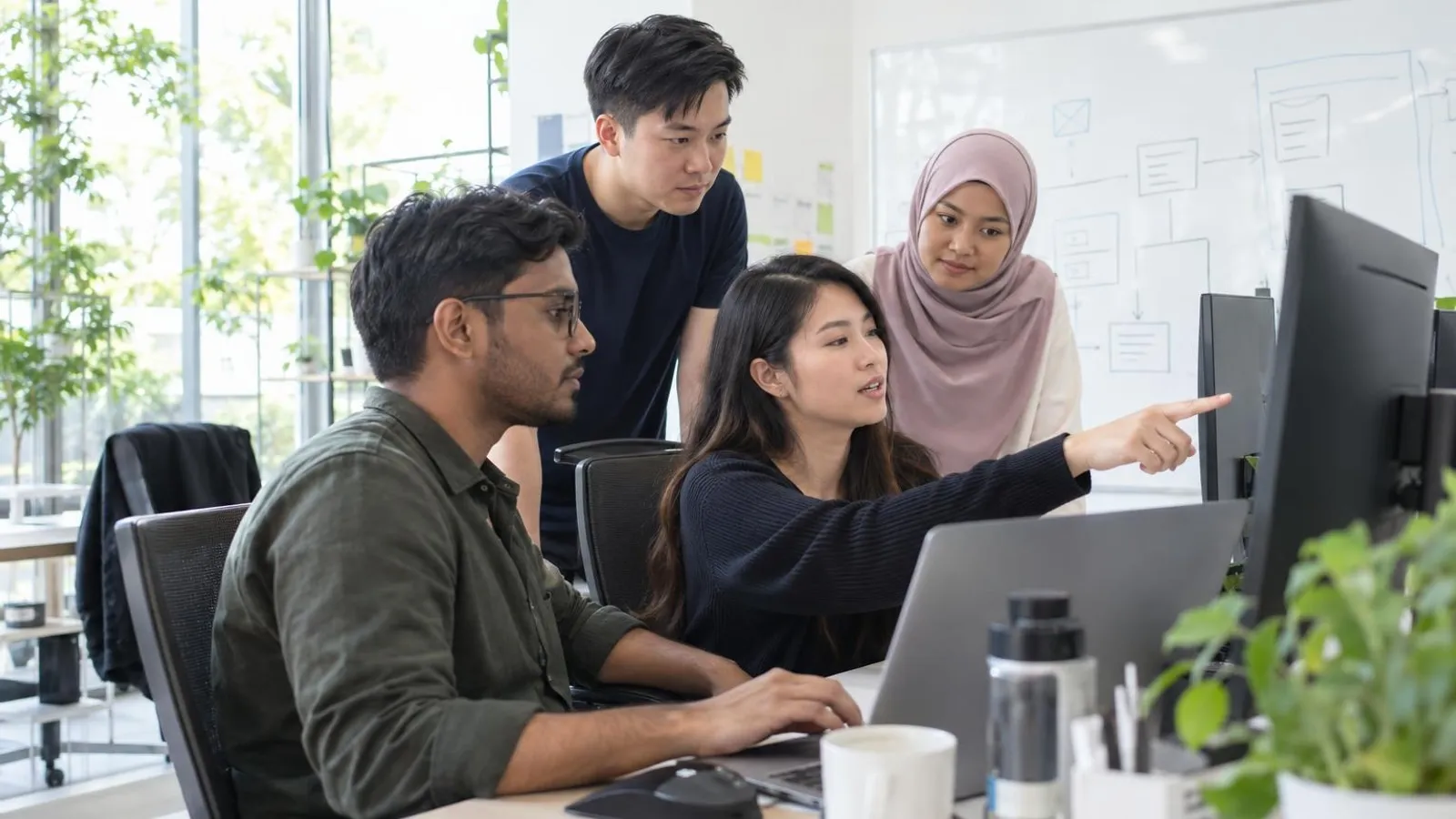 A mixed team of software developers pair-programming at a bright modern office with a whiteboard of diagrams