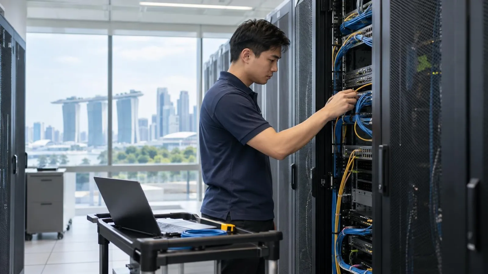 An IT technician working on server racks and network cables at a Singapore office