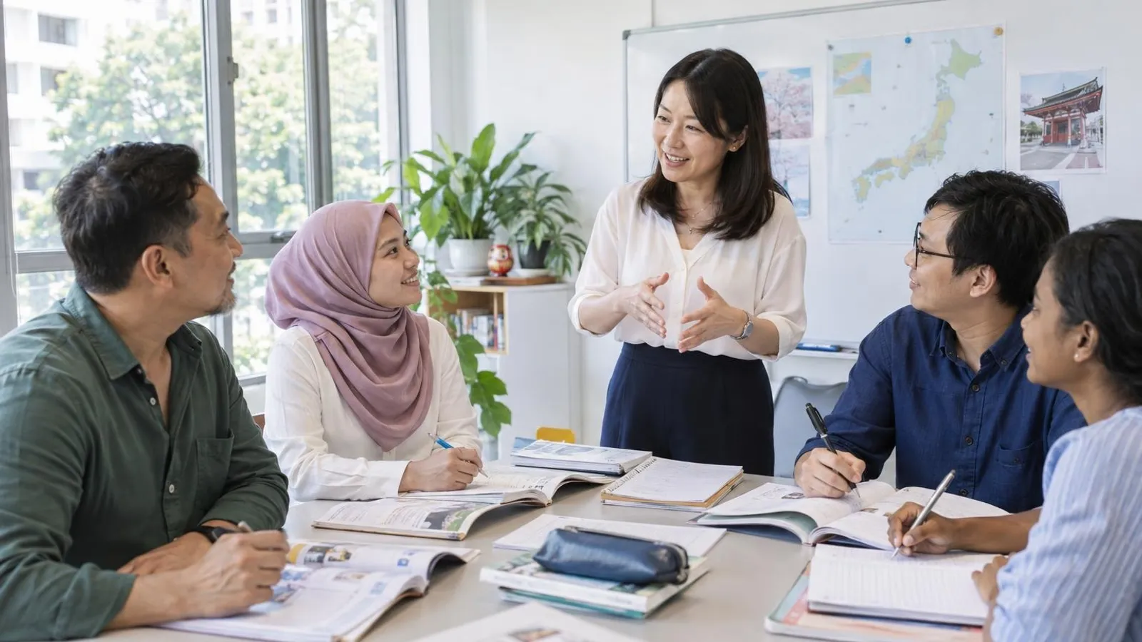 Adults practising conversation at a classroom table with a Japanese teacher and open textbooks