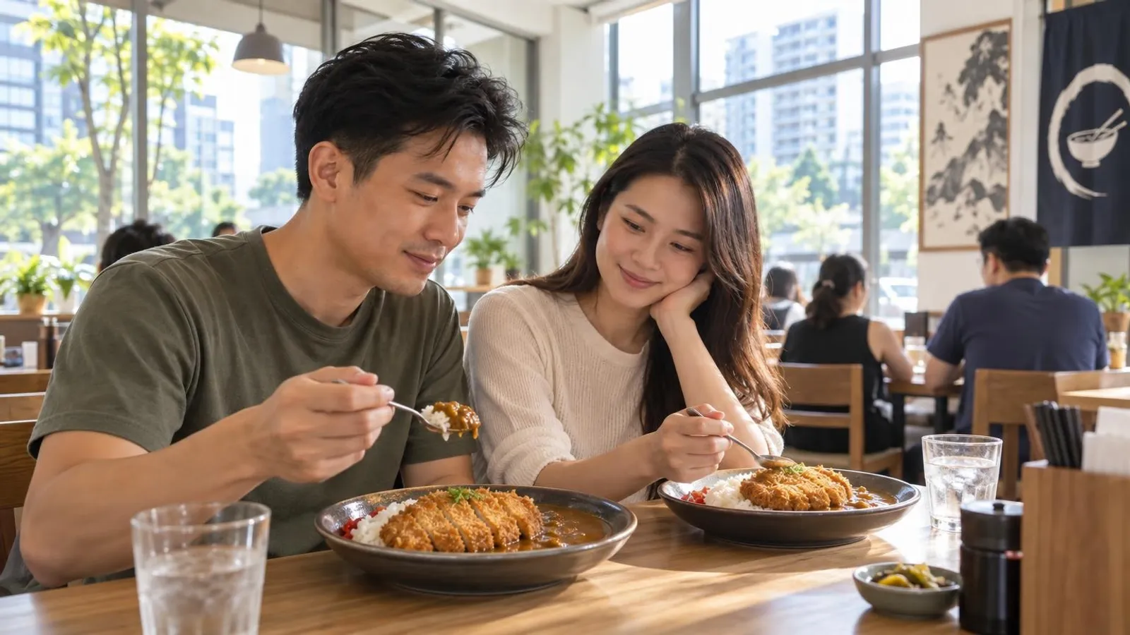 A plate of Japanese curry rice with a golden panko katsu cutlet and thick curry sauce at a bright modern Singapore Japanese curry restaurant