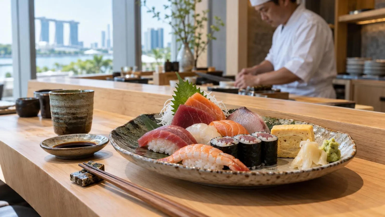 A platter of assorted sushi and sashimi at a bright Japanese restaurant in Singapore