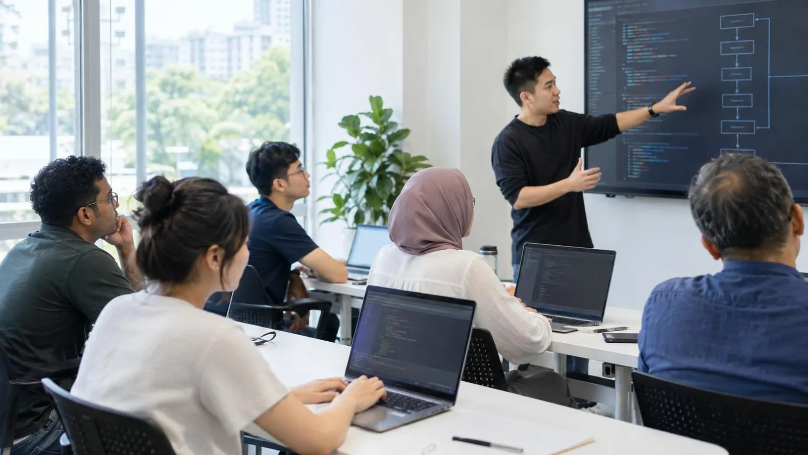 Adult learners coding on laptops in a bright classroom while an instructor explains code on a screen