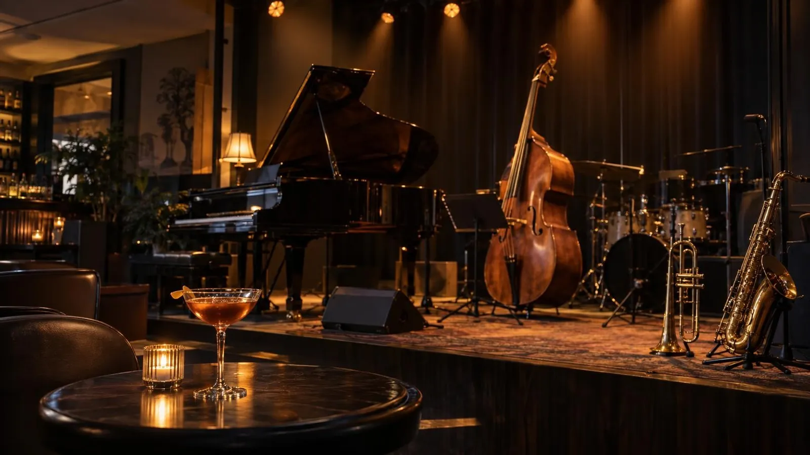 An intimate jazz club stage with an upright double bass, grand piano and brass instruments under warm spotlights, a cocktail on a foreground table