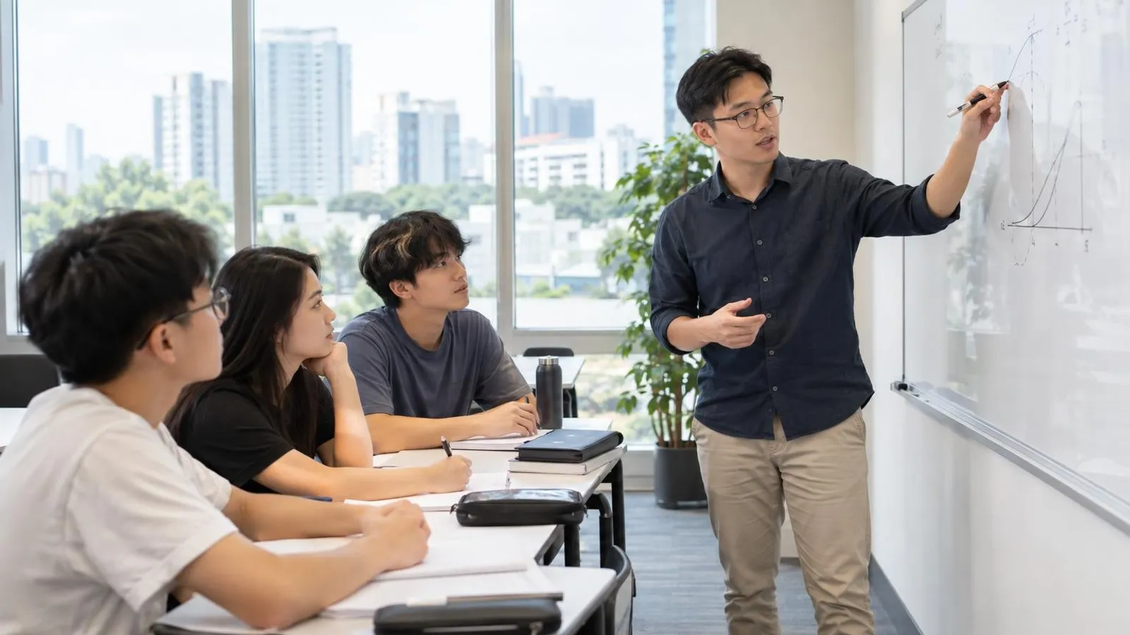 A tutor explaining a concept at a whiteboard to junior-college students in a bright Singapore tuition centre