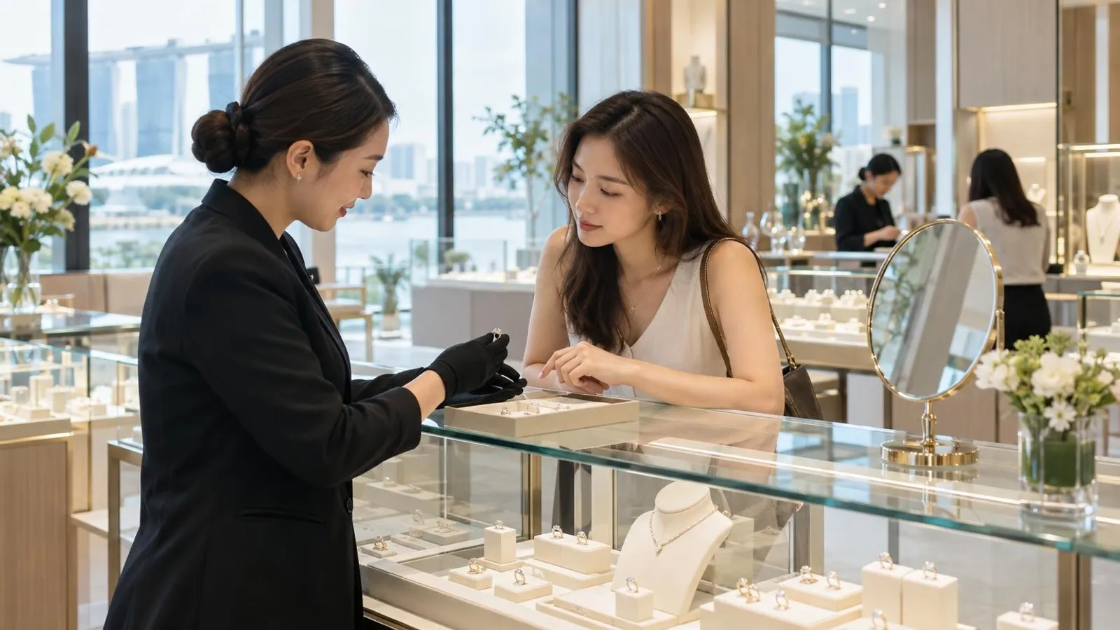 An elegant bright jewellery boutique in Singapore with illuminated display cases of rings and necklaces