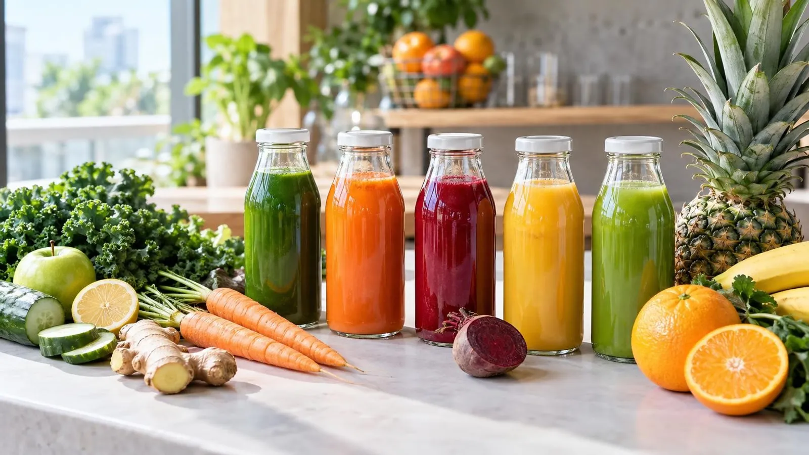 A row of colourful cold-pressed juices in glass bottles with fresh fruit and vegetables on a clean light counter