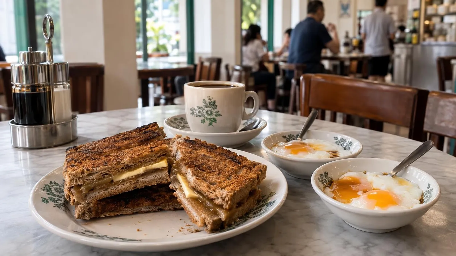 A traditional kaya toast set with soft-boiled eggs and kopi at a Singapore coffee shop