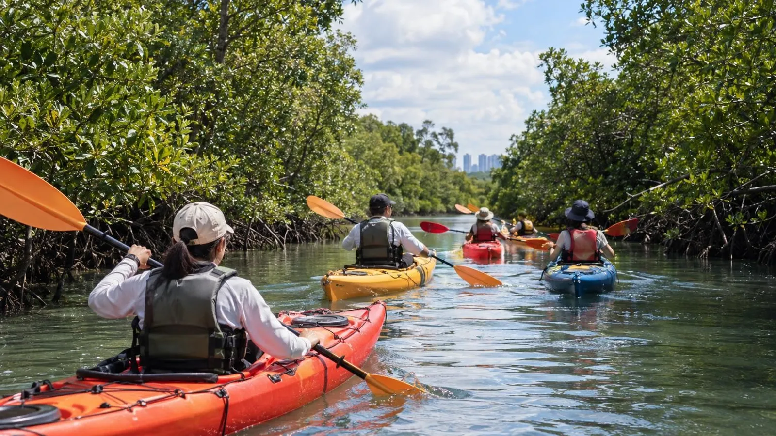 A group kayaking through a mangrove waterway on a guided tour in Singapore