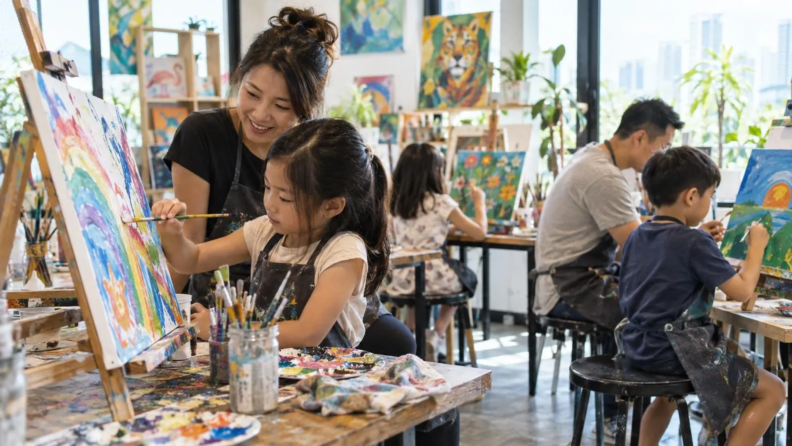 Children and parents painting canvases on easels at a Singapore art jamming studio
