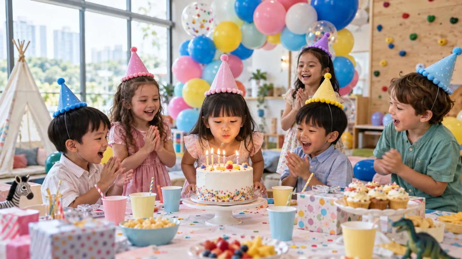Children in party hats celebrating with a cake at a Singapore kids party venue
