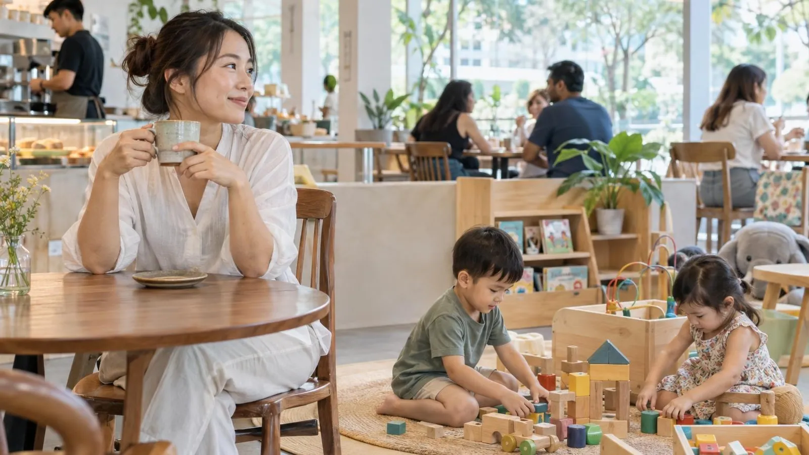 A parent having coffee while young children play on a wooden play area in a bright Singapore kids cafe