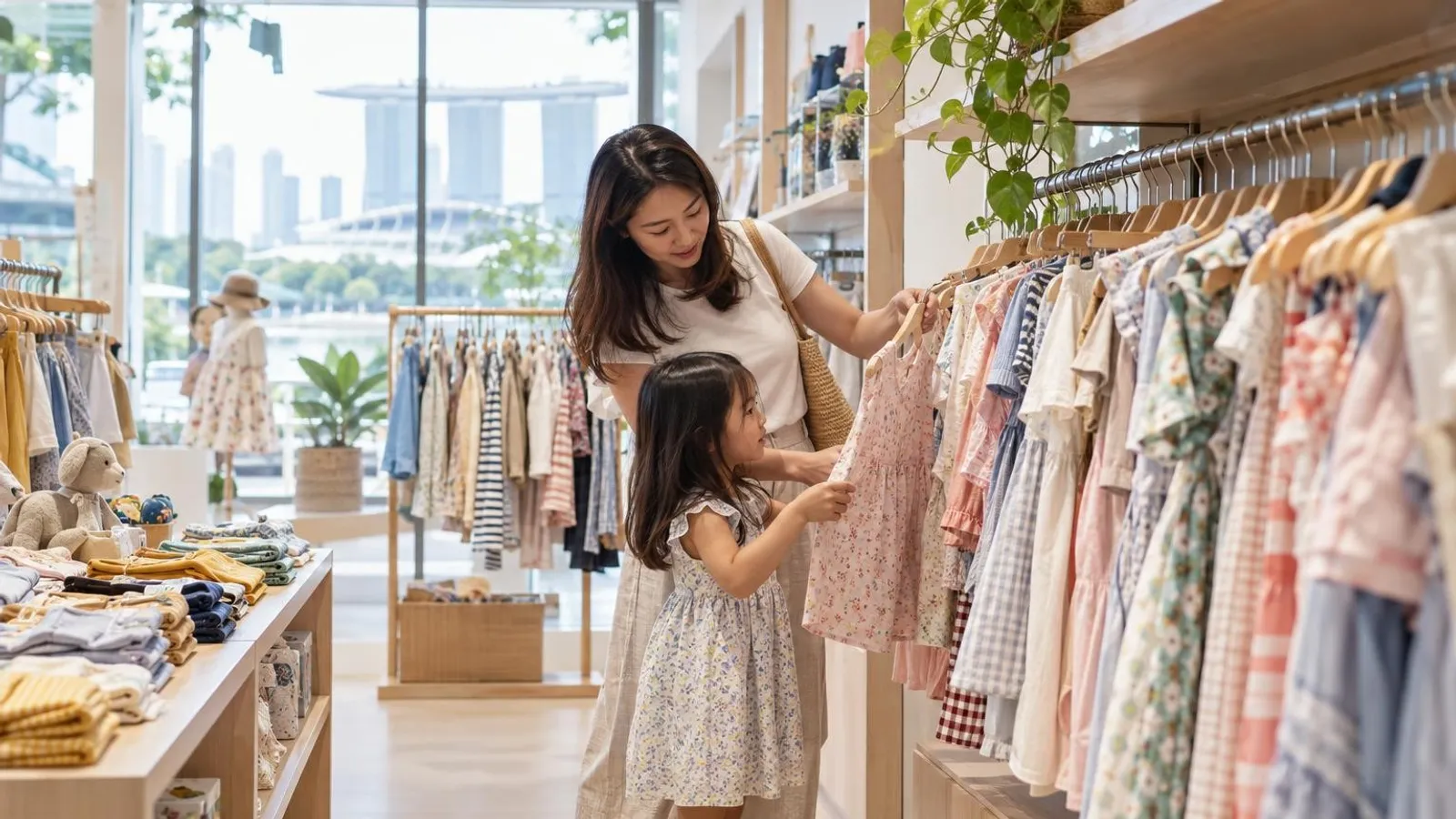 A mother and child browsing racks at a bright Singapore kids clothing boutique