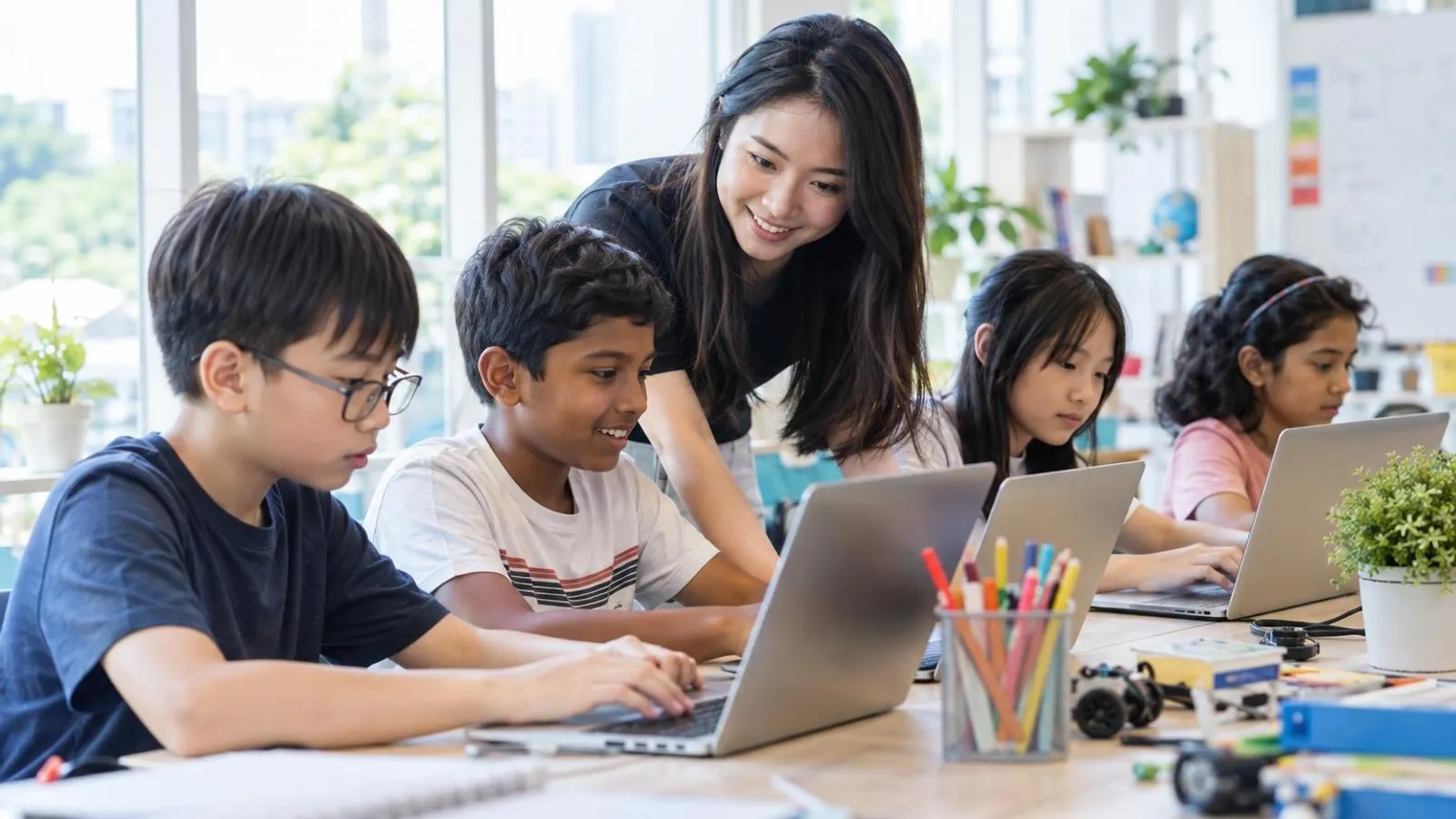 Children coding on laptops at a bright classroom table with a friendly instructor
