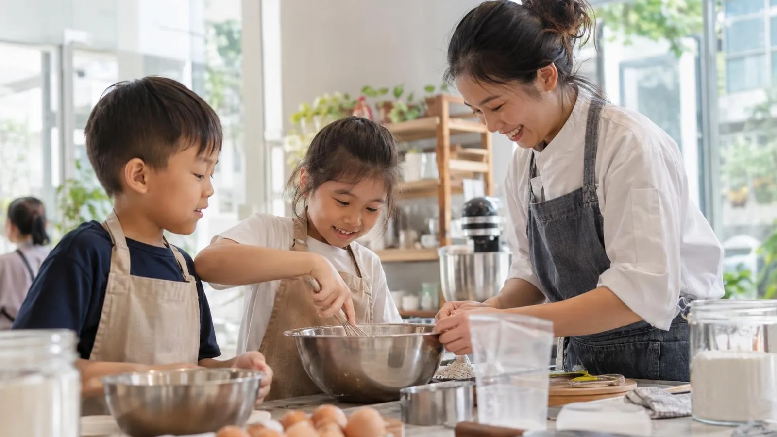 Kids Cooking and Baking Classes: a customer and a provider in a bright, modern setting