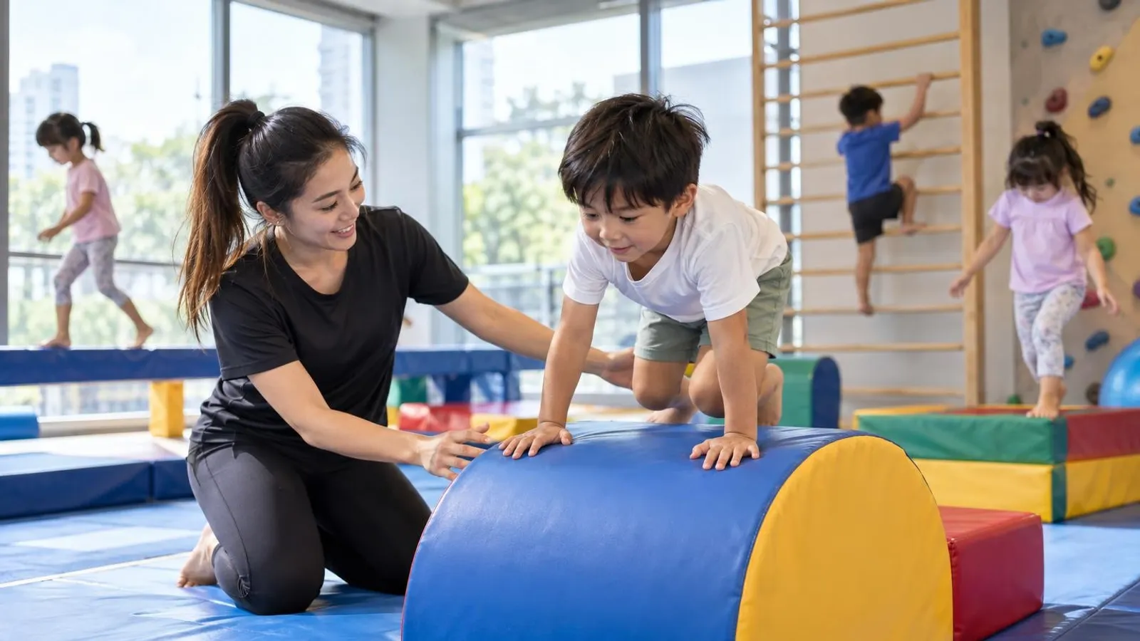 Young children on soft play gymnastics equipment with an instructor at a Singapore kids gym