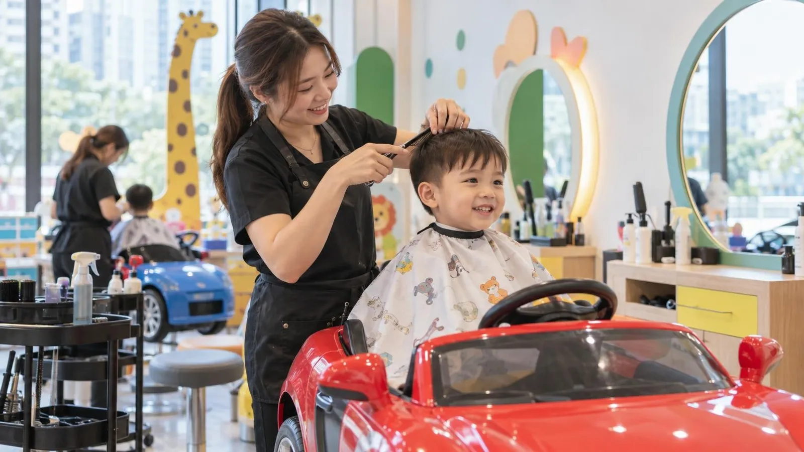 A child getting a haircut in a car-shaped chair at a fun Singapore kids salon