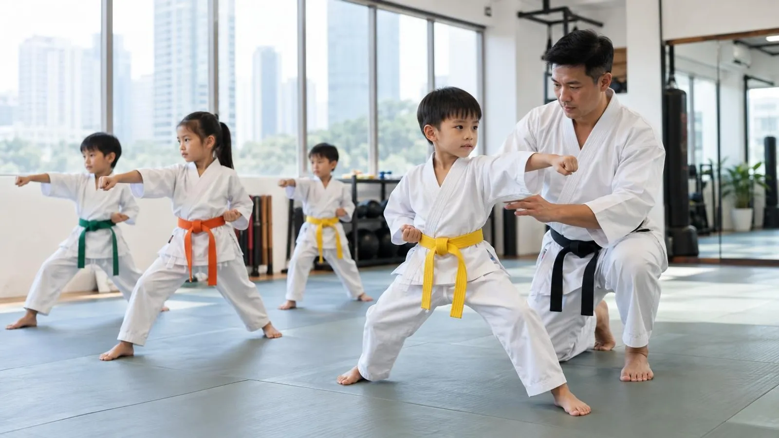 Children in martial-arts uniforms with coloured belts practising with an instructor in a bright Singapore dojo