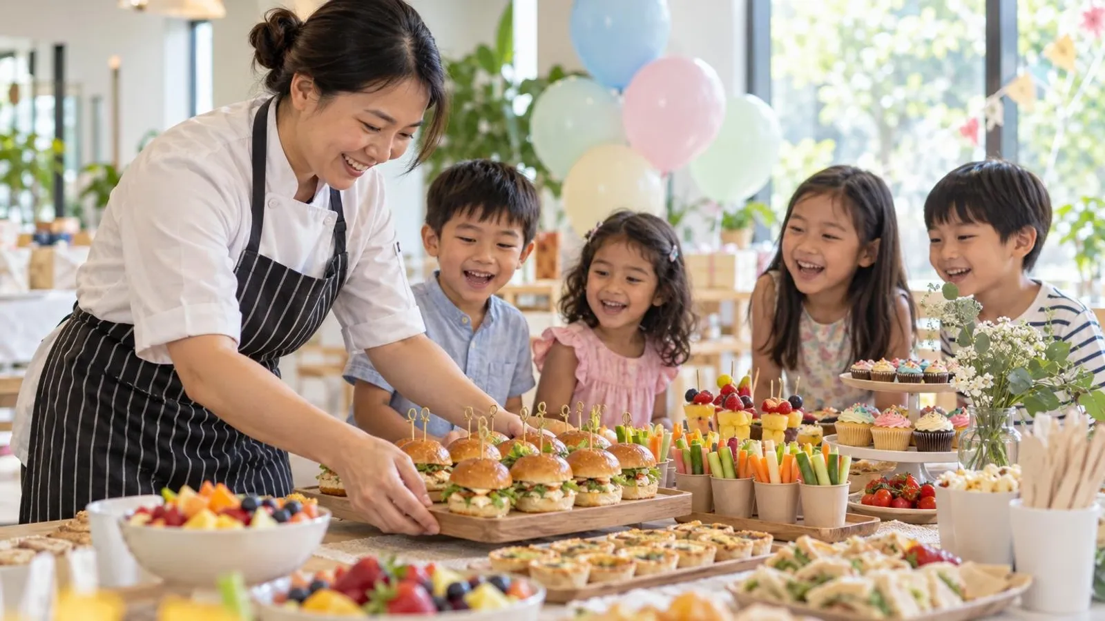 Kids Party Catering Services: a customer and a provider in a bright, modern setting