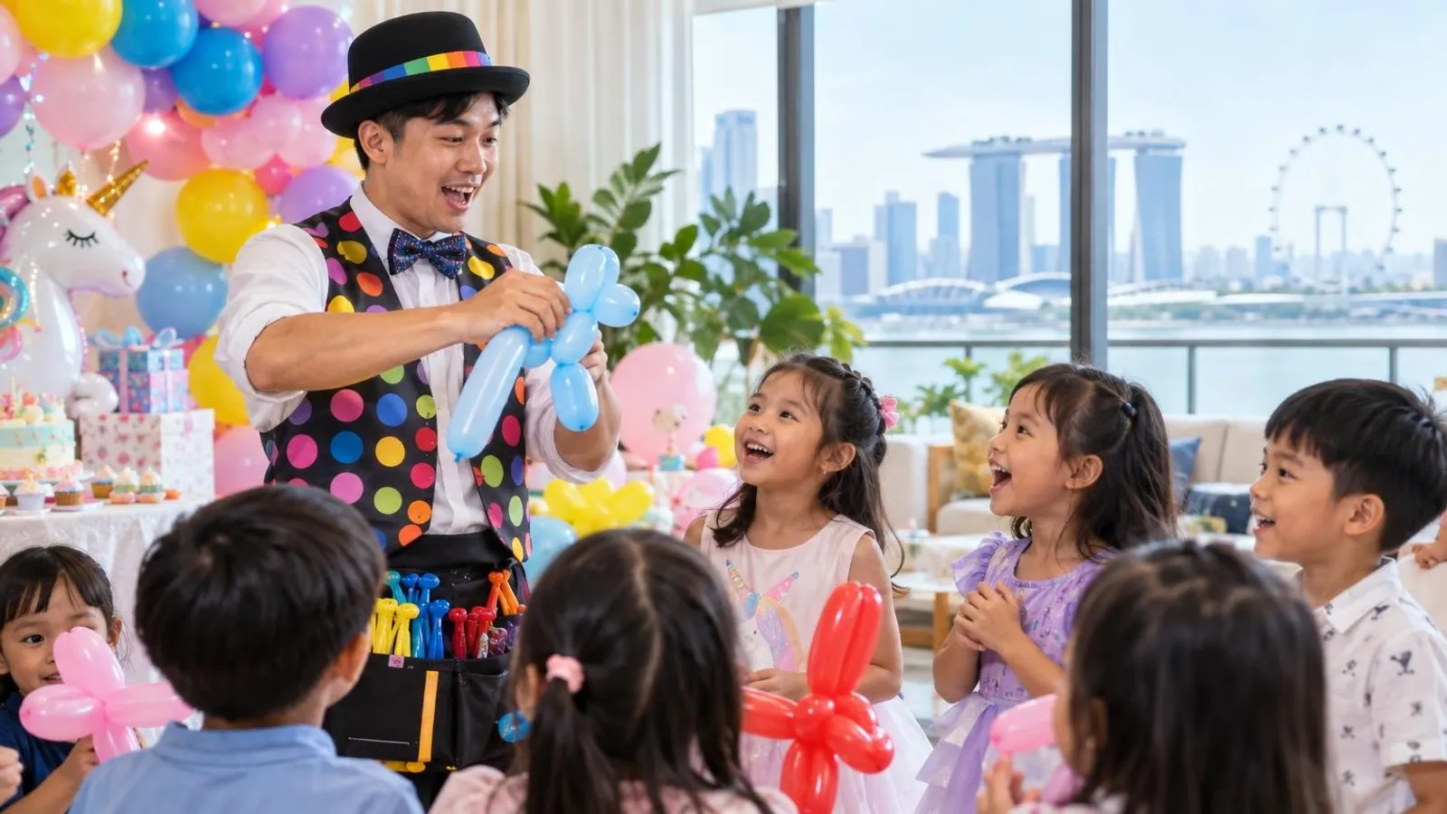 A children’s party entertainer making balloon sculptures for excited kids at a Singapore birthday party