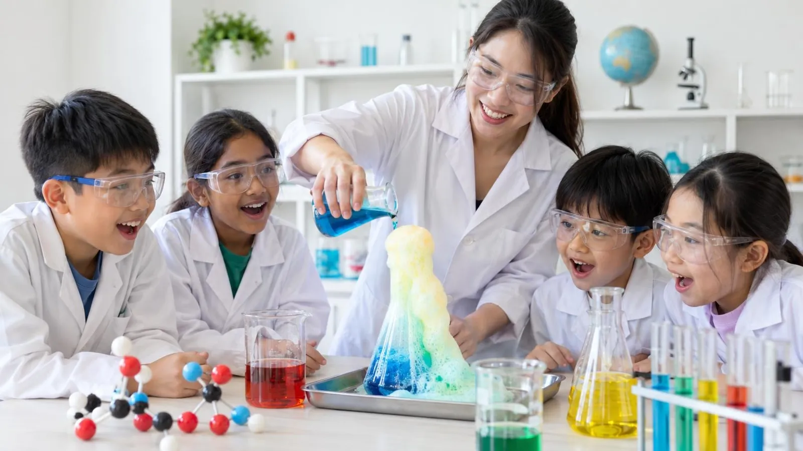 Children in lab coats and goggles watching a colourful science experiment with their instructor