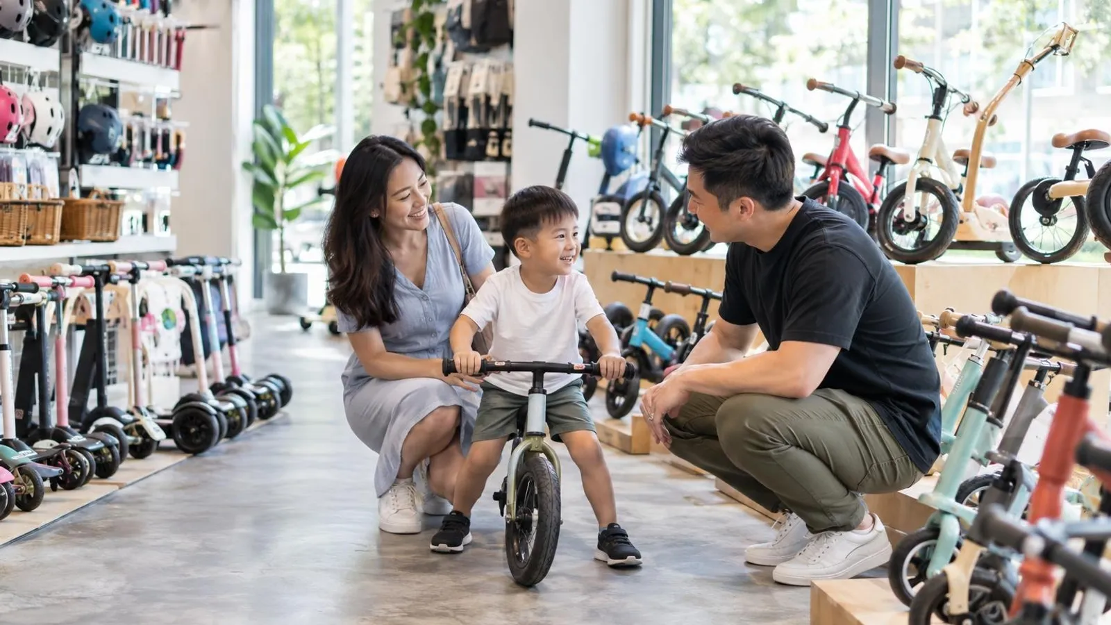 Kids Scooter and Balance Bike Shops: a customer and a provider in a bright, modern setting