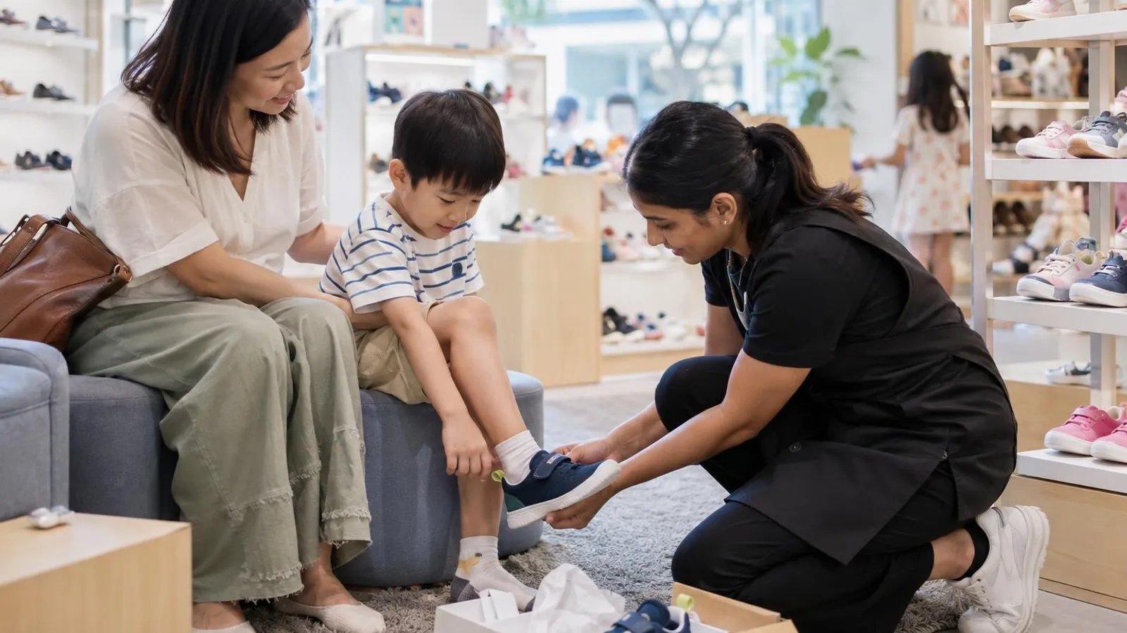 Kids Shoe Shops: a customer and a provider in a bright, modern setting