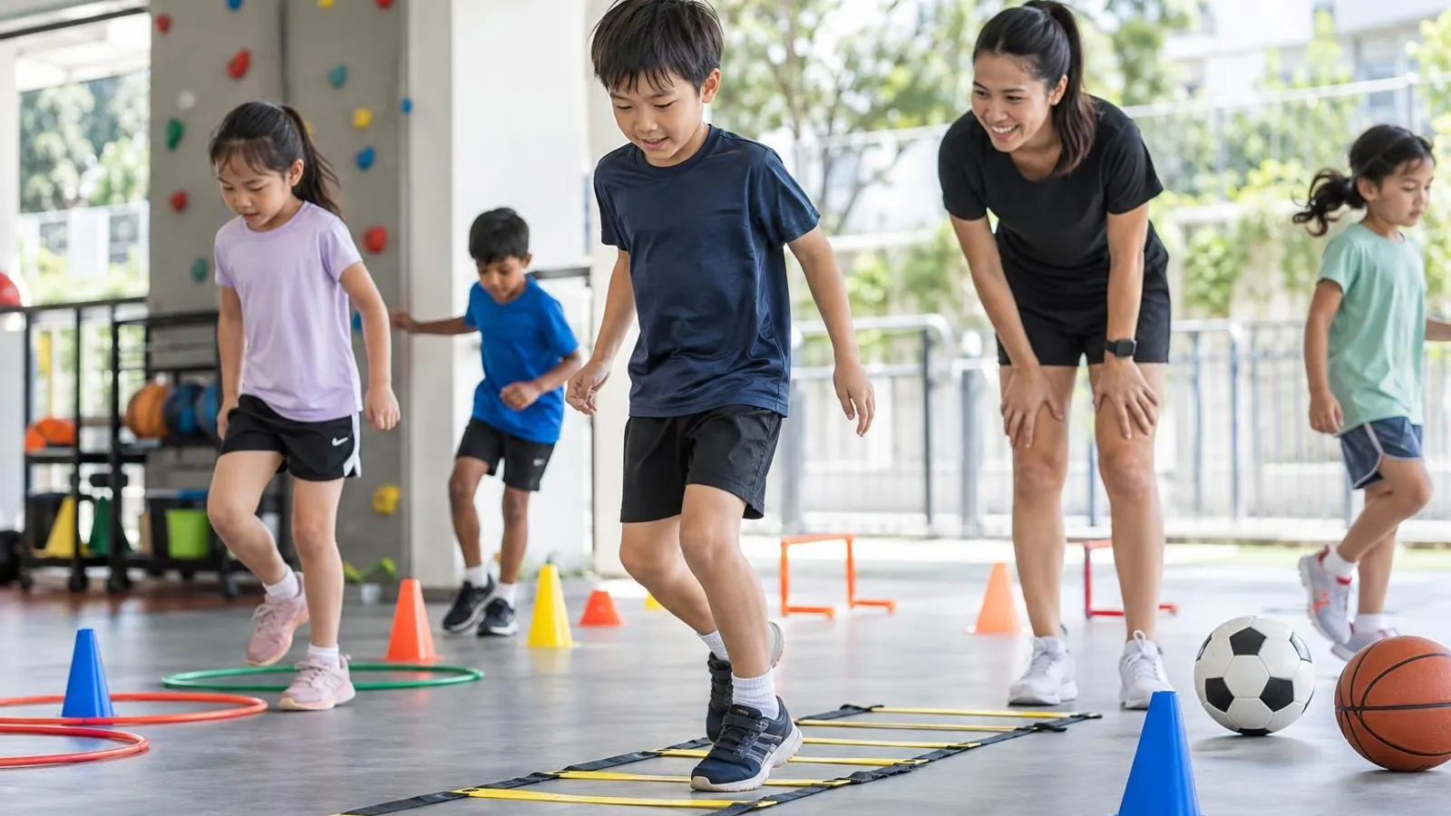 Multi-Sport Classes for Kids: a customer and a provider in a bright, modern setting