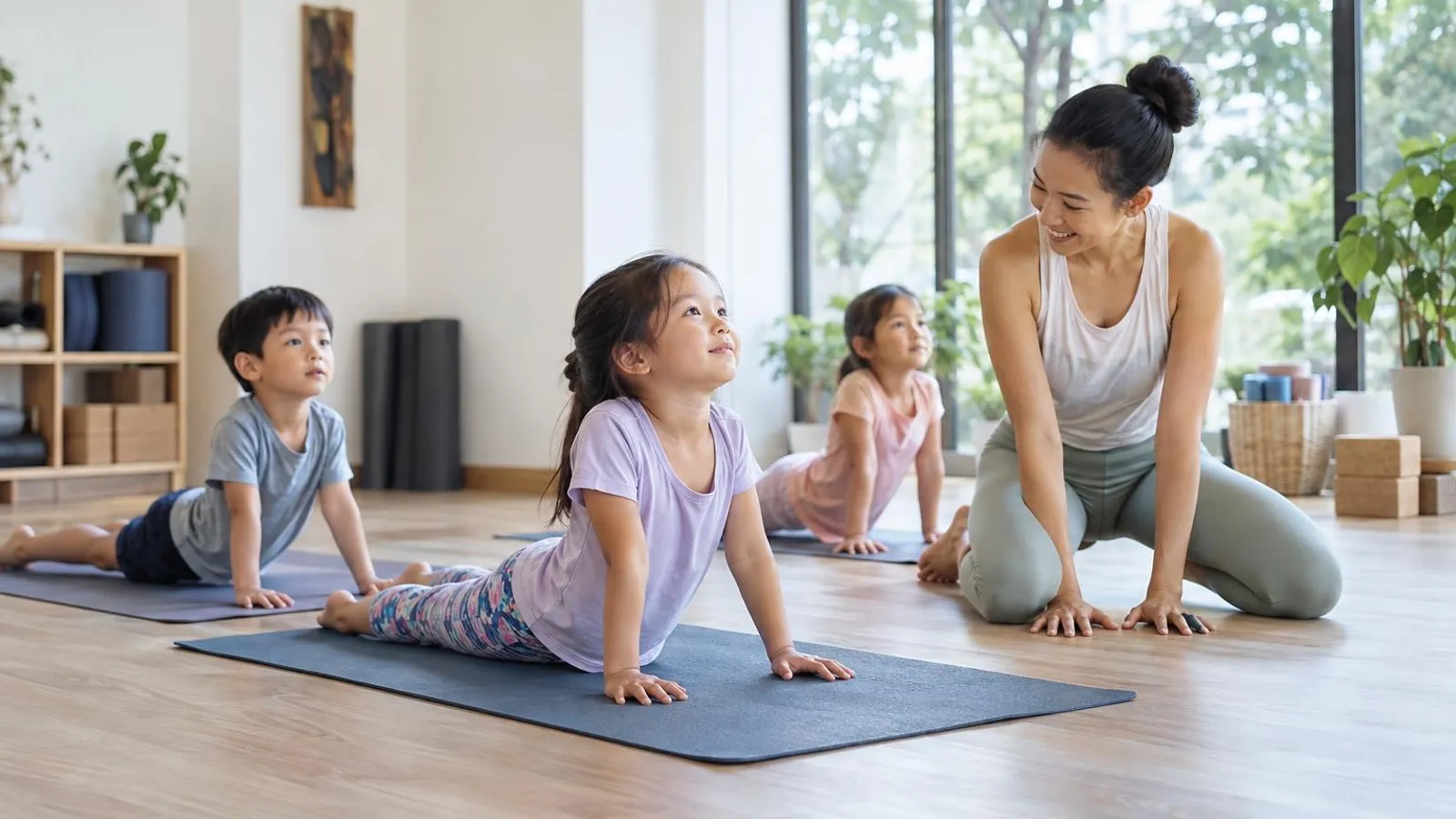 Kids Yoga Classes: a customer and a provider in a bright, modern setting