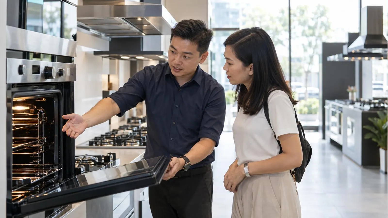 Kitchen Appliance Shops for Hobs, Hoods and Ovens: a customer and a provider in a bright, modern setting