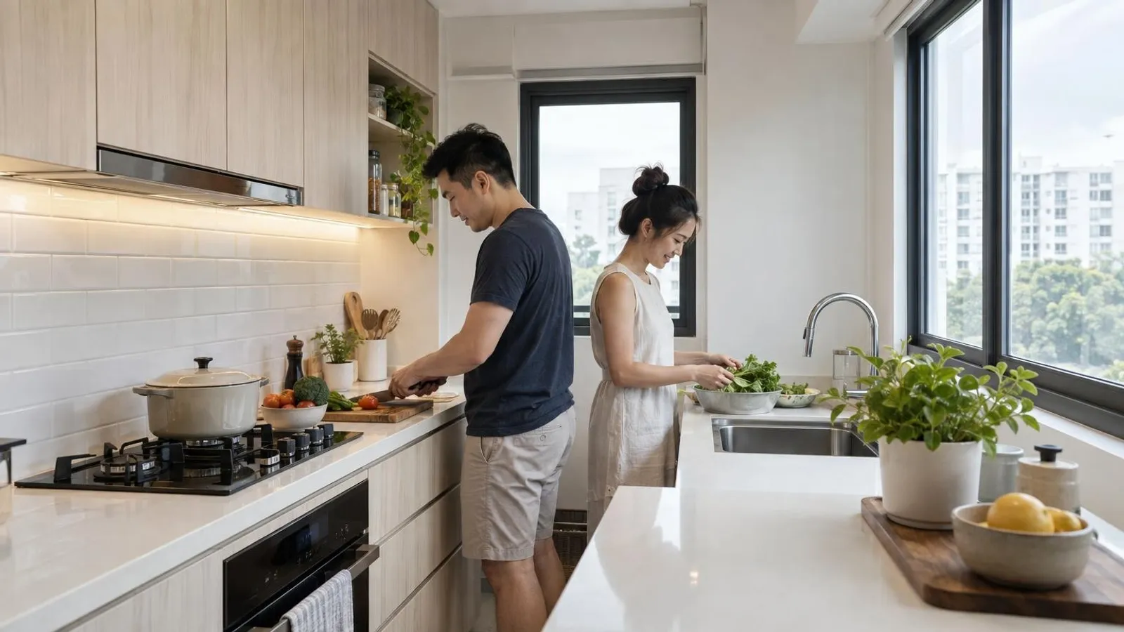 A bright, newly renovated modern HDB kitchen with light cabinets and a stone countertop