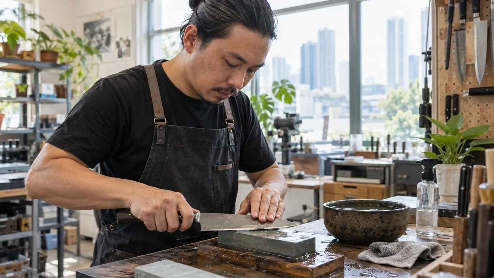 A craftsman sharpening a chef knife on a wet whetstone at a workbench in a bright Singapore workshop