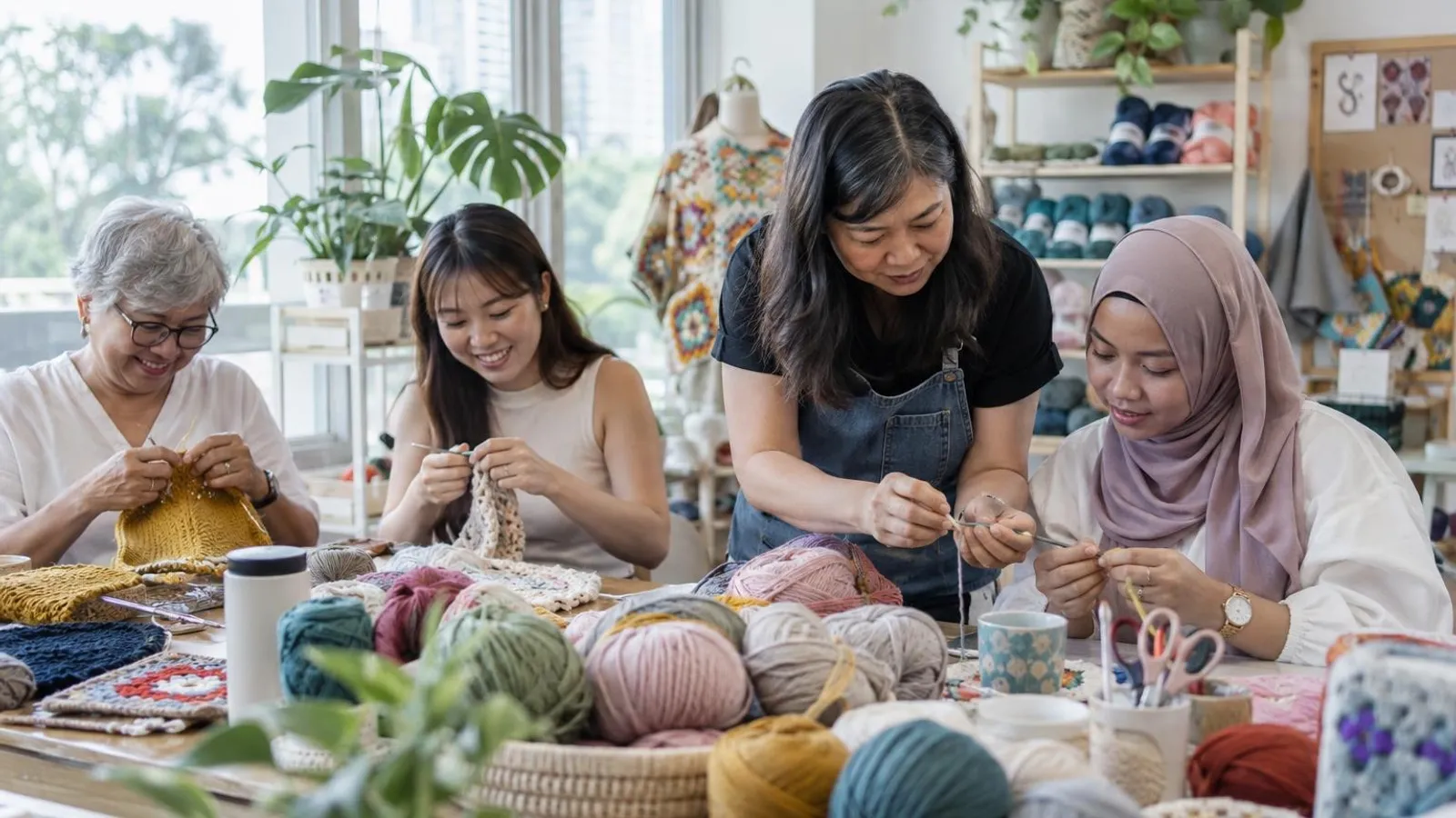 Women of different ages knitting and crocheting with colourful yarn at a bright craft table