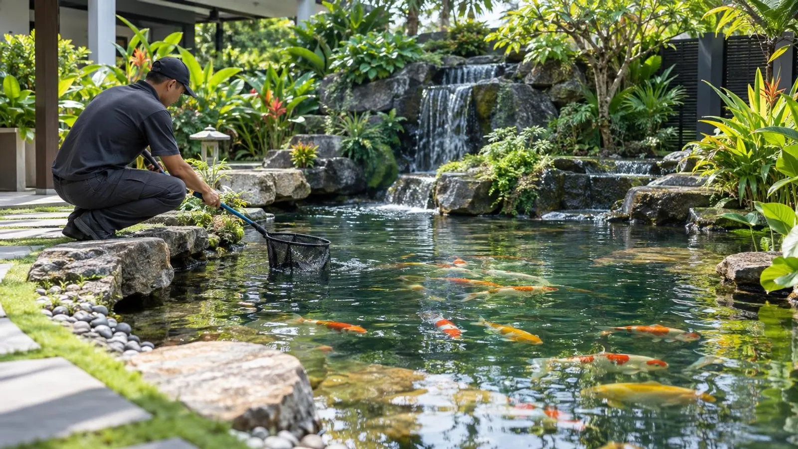 A landscaped koi pond in a Singapore garden with clear water, colourful koi and a waterfall