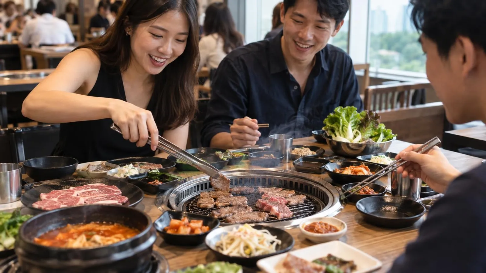 Friends grilling marbled meat on a tabletop grill with banchan at a Singapore Korean BBQ restaurant