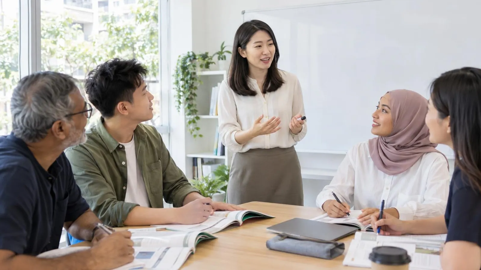 Adult learners and a Korean teacher practising dialogues around a table in a bright classroom