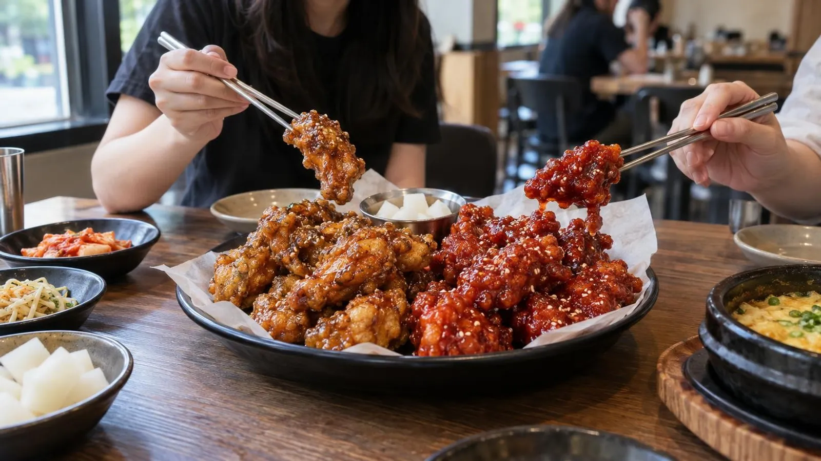 A platter of soy-garlic and spicy yangnyeom Korean fried chicken in Singapore