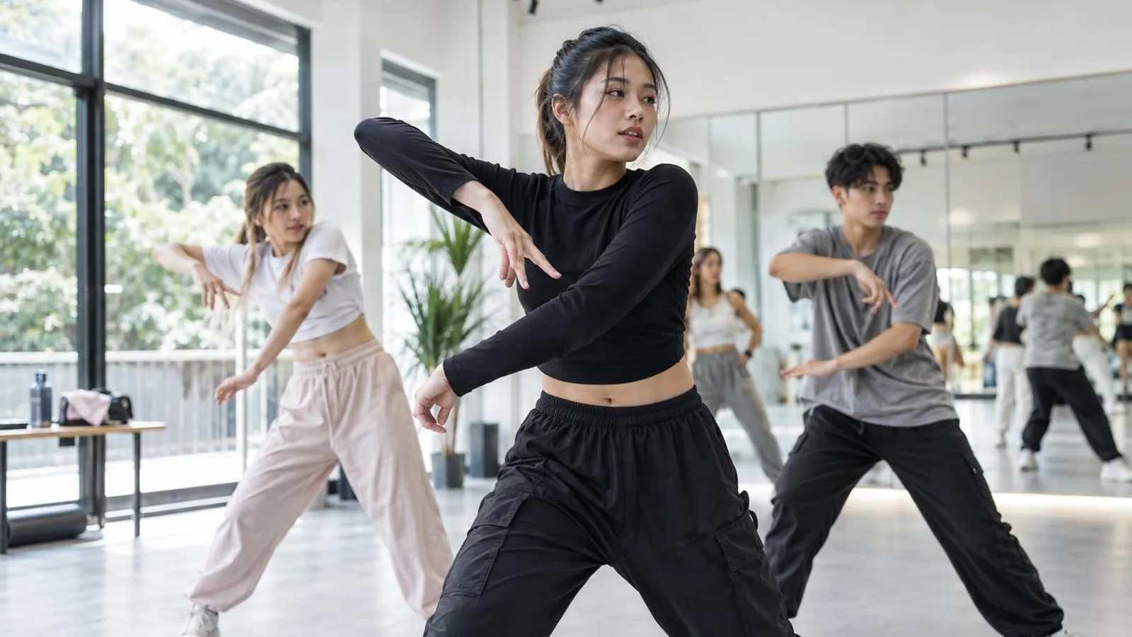K-pop Dance Classes: a customer and a provider in a bright, modern setting