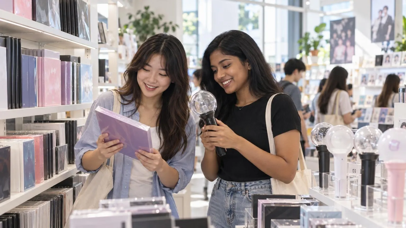 K-pop Merchandise Shops: a customer and a provider in a bright, modern setting