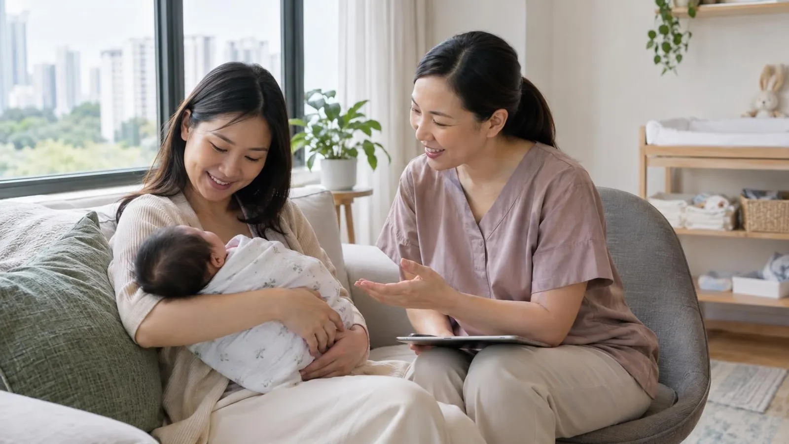 A lactation consultant warmly advising a seated new mother holding her swaddled baby in a bright room