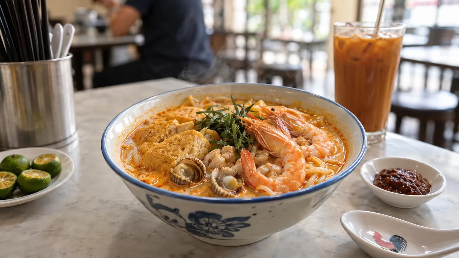 A steaming bowl of Katong laksa with prawns, cockles and tau pok in Singapore