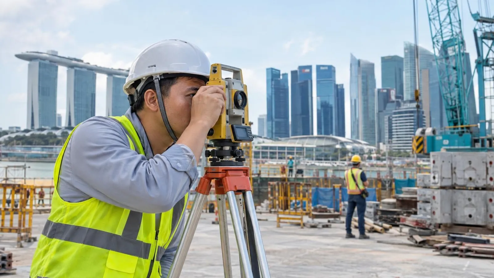 A land surveyor looking through a total-station theodolite on a tripod at a bright Singapore construction site