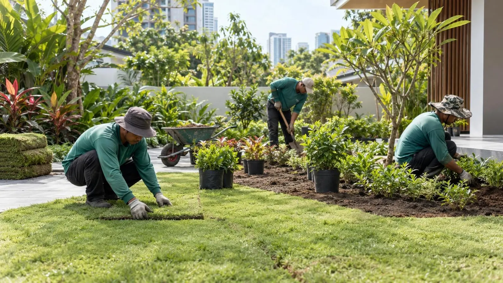 Landscapers laying turf and planting a newly designed garden in Singapore