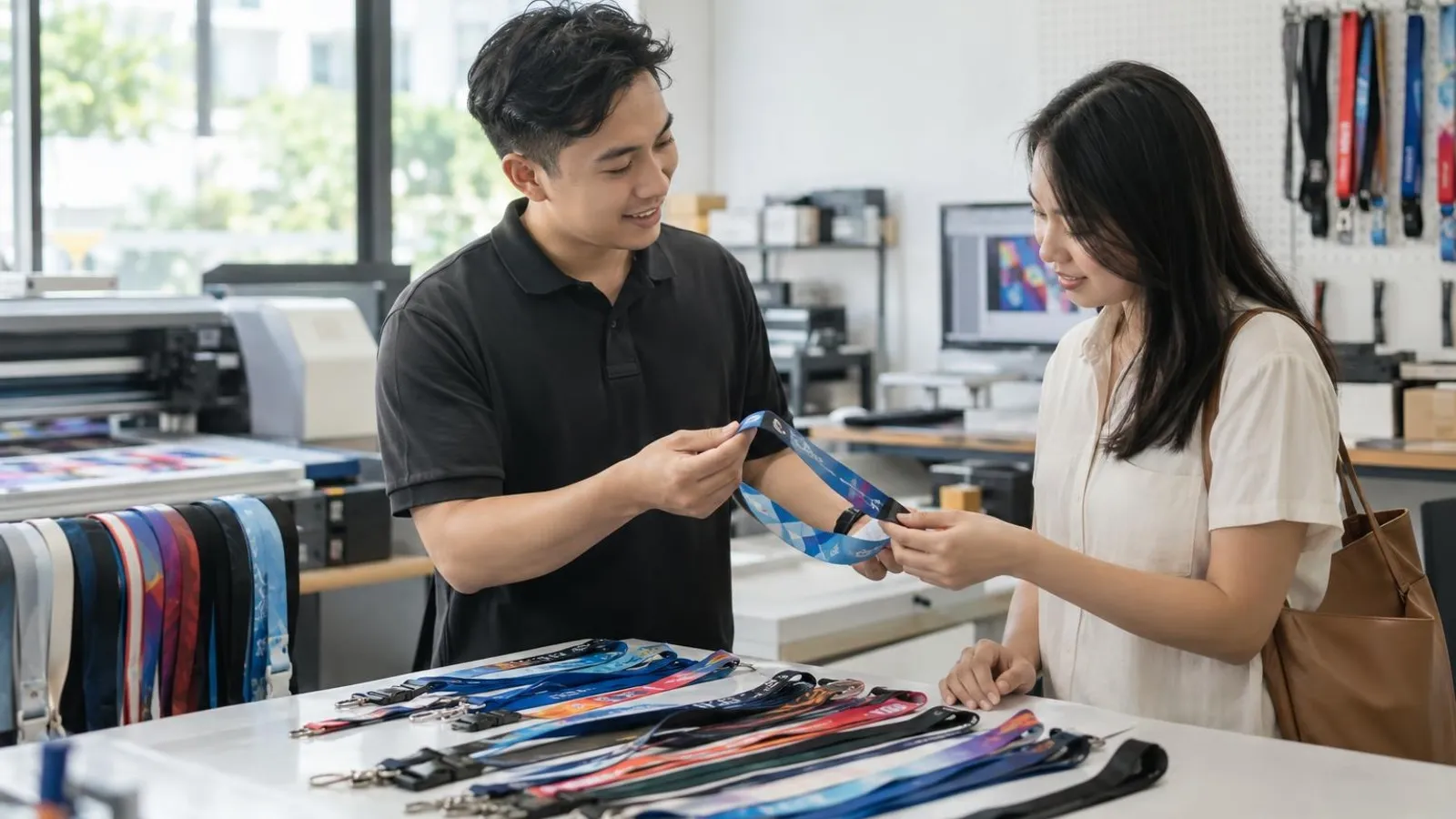 Lanyard Printing Services: a customer and a provider in a bright, modern setting